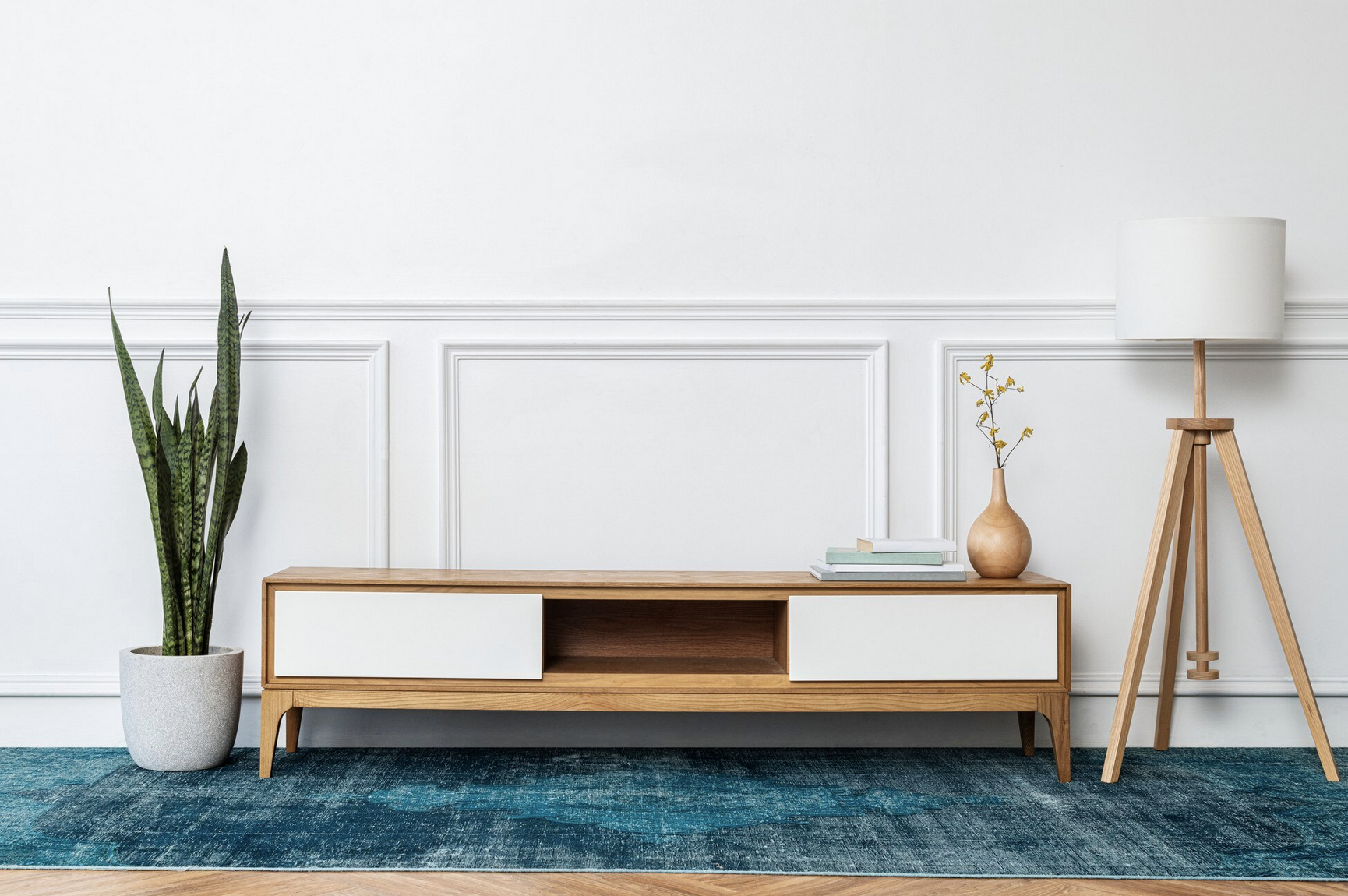 Background image with lamp, sideboard and plant